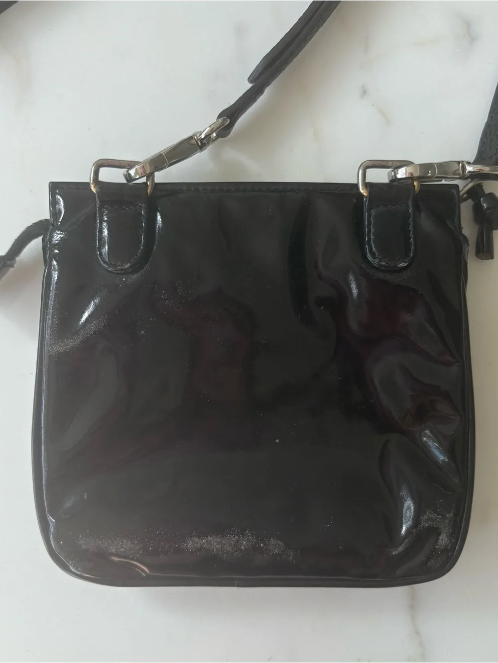 CHANEL Black Patent Leather CC Logo Converted Belt to Crossbody Bag